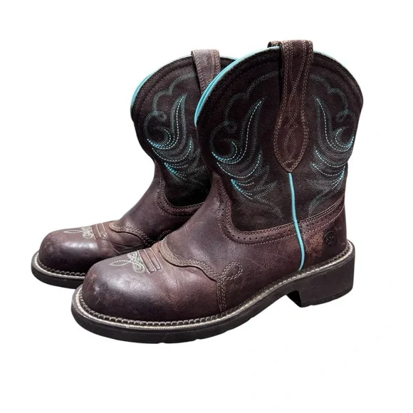 Ariat Brown Leather Western Heeled Boots with Turquoise Stitching - Picture 2 of 16